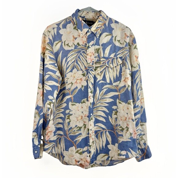 VINTAGE Polo Ralph Lauren Hawaiian Floral Shirt LARGE 100% Linen - Picture 1 of 9